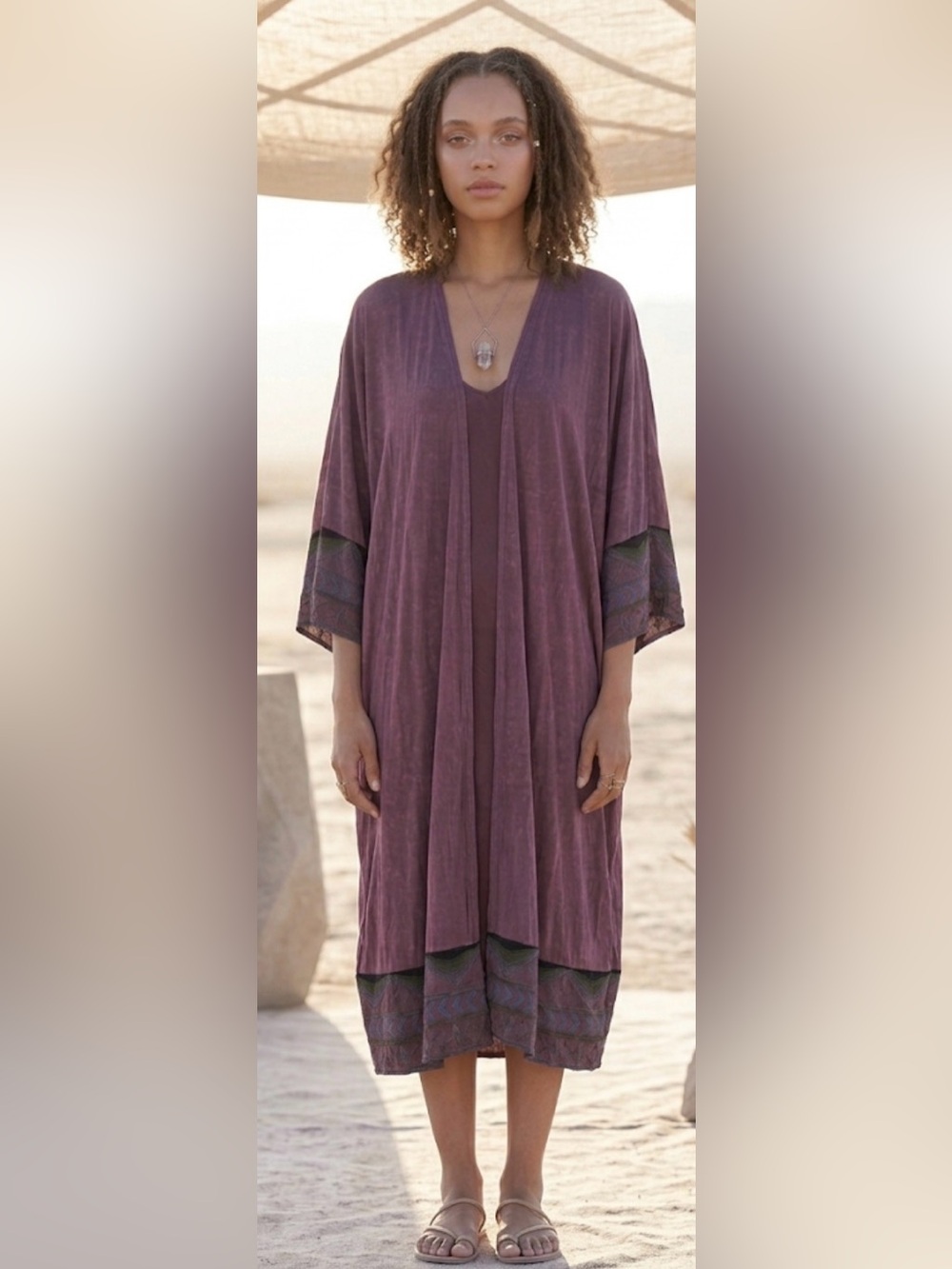 POL Open-Front Kimono Cardigan‎ in Plum with Multicolor Embroidered Trim Sz one